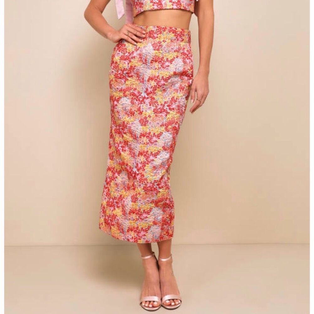 Lulus Ellarina Pink Multi Metallic Jacquard Midi Skirt NWT Sz Small